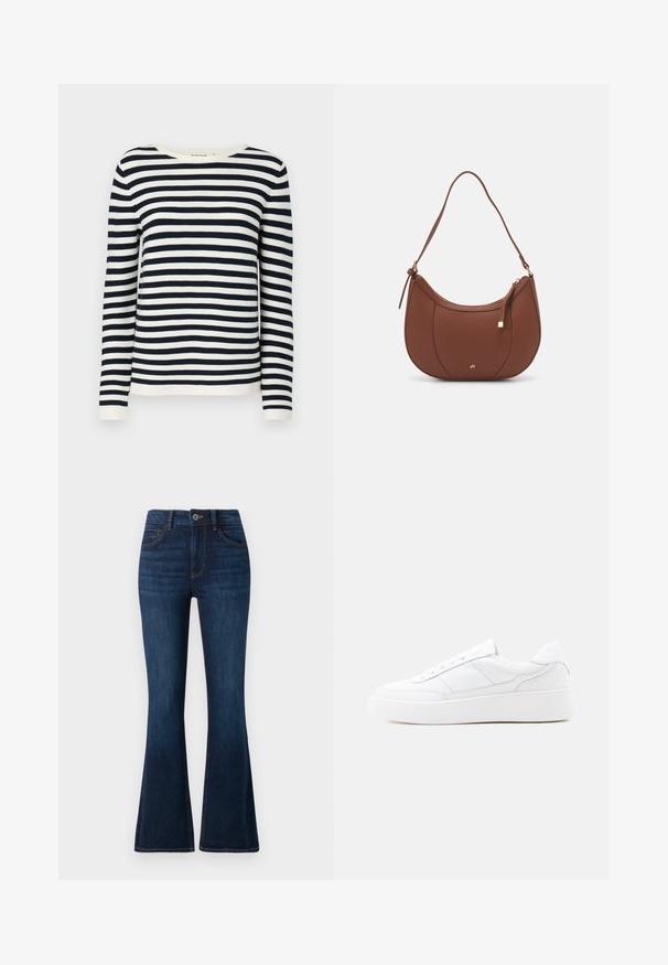 Marineblauwe en witte gestreepte sweater met lange mouwen, een ronde halslijn en geribbelde manchetten. Zacht, gebreid materiaal met een klassieke pasvorm.; TOM TAILOR STELLA donkerblauw denim; Witte lage sneaker met dikke zool, veterontwerp en subtiele stikselaccenten op een effen lichte achtergrond.; Bruine faux leren schoudertas met een gebogen vorm, minimale stiksels en een gouden hardware-accent. Voorzien van een bovenste ritsluiting en een verstelbare schouderband.
