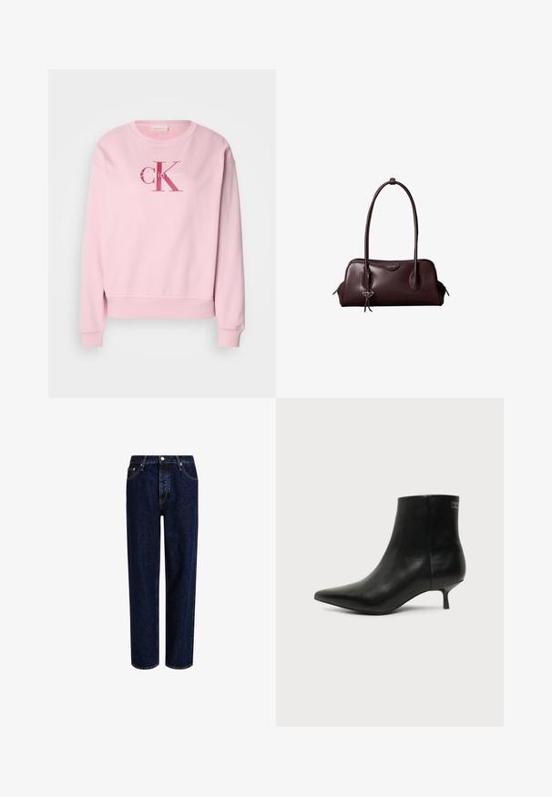 Pink sweatshirt med rund halsudskæring, lange ærmer og et frontlogo med teksten "Calvin Klein" og "cK" i kontrasterende farver.; Mørkeblå denim jeans med lige ben-design, der har høj talje, fem-lomme-stil og kontrastsyninger. Ingen dekorationer.; Sort læder ankelstøvle med spids tå og lav kitten hæl på lys baggrund, der viser yderside.; Mørkebrun lædertaske fra Calvin Klein med lange dobbelte håndtag og en lille logohængende ved det ene håndtag.
