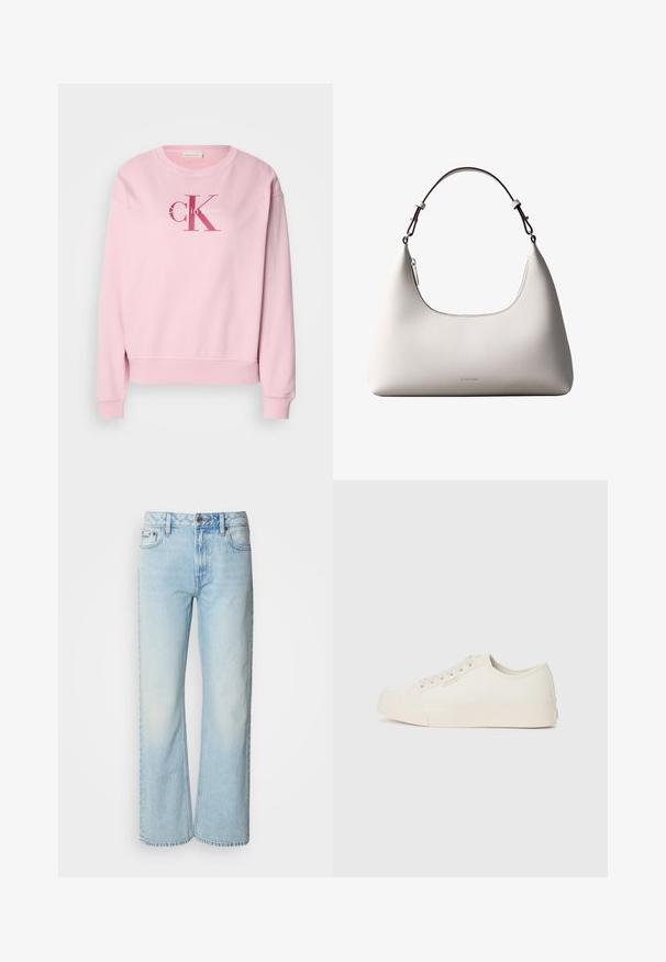 Pink sweatshirt med rund halsudskæring, lange ærmer og et frontlogo med teksten "Calvin Klein" og "cK" i kontrasterende farver.; Lyseblå brede jeans lavet af denim med et klassisk fem-lomme design og en subtil falmet tekstur. Denim-syninger er synlige.; Sneakers lavet af off-white canvas, med et low-top design, rund tå og flad gummisål med diskrete syninger.; Cremefarvet skuldertaske i læder fra Calvin Klein med buet topkant, sølvfarvet lynlås og mørkebrun justerbar rem.