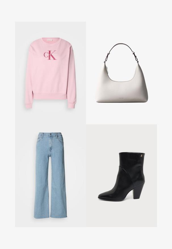 Rosa Sweatshirt mit runder Ausschnitt, langen Ärmeln und einem Frontlogo mit dem Text "Calvin Klein" und "cK" in kontrastierenden Farben.; Hellblaue weite Jeans aus Denim, mit einer enganliegenden Taille, Fünf-Taschen-Design und dezenten Nähdetails.; Schwarzer Lederknöchelstiefel mit spitz zulaufender Zehenpartie, Blockabsatz und kleinem goldenen Logo nahe der oberen Kante an der Außenseite.; Cremefarbene Calvin Klein Lederschultertasche mit gebogener Oberkante, silbernem Reißverschluss und dunkelbraunem verstellbarem Riemen.