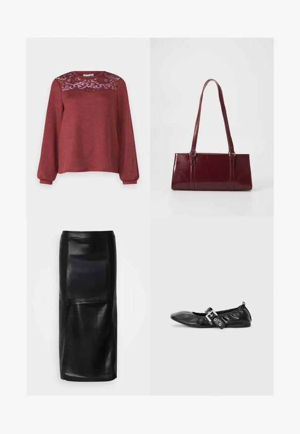 Pull rust avec des manches longues, présentant un panneau en dentelle sur les épaules et un col rond. Tissu en tricot texturé.; Jupe midi en similicuir noir avec coutures en panneaux et coupe droite sur fond blanc.; Chaussure plate en cuir noir avec un nez pointu, des détails froncés autour de l'ouverture et un accent en boucle argentée sur la bride ajustable.; Sac à main bordeaux en matériau brillant, de forme rectangulaire, avec deux anses et des accents légèrement courbés à l'avant.