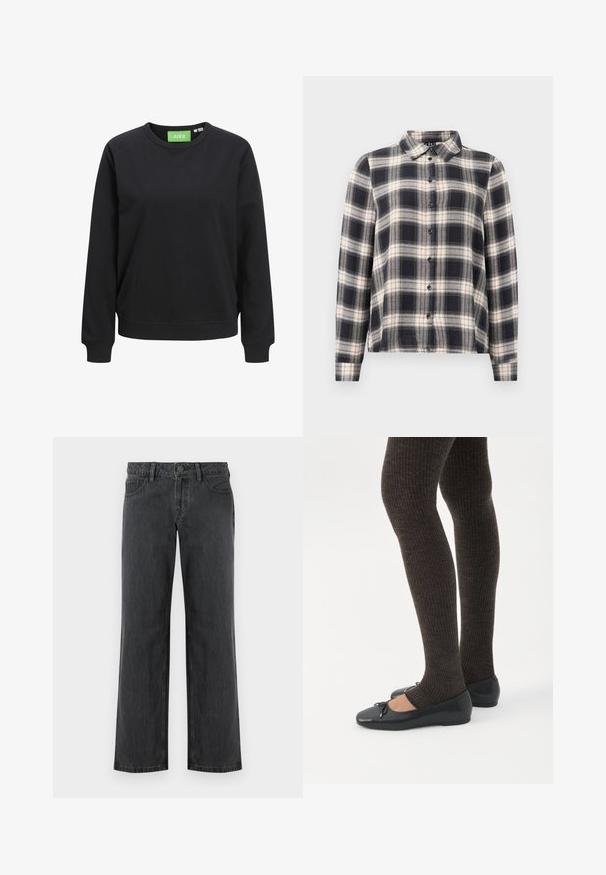 Mustast puuvillast crewneck-sviitrist. Omad ribakäised ja alumine äär, kaeluses on roheline sildike "JJXX".; Tumesinise, valge ja beeži ruudulise mustriga pikkade käistega särk. Omab standardset kraed, nupu eesmist kinnitamist ja pehmet kangast ruudulise mustriga.; Tumedat halli värvi laia lõikega teksad, valmistatud denimist, millel on tavapärane vöökoht, viis taskut ja nööpidega kinnis. Sile tekstuur ja ühtlane õmblus.; Jalad seljas tumedad soonelises soonelises kombines mustade baleriinadega, millel on väikesed paelade detailid valgel taustal.