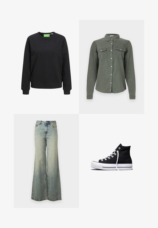 Schwarzer Rundhalsausschnitt-Sweatshirt aus Baumwolle. Mit gerippten Bündchen und Saum, versehen mit einem grünen Etikett mit der Aufschrift "JJXX" am Kragen.; Dunkelgrünes Hemd mit langen Ärmeln, zwei Brusttaschen, weichem Stoff und klassischem Kragen-Design. Verfügt über weiße Knopfakzente.; Helles blauweite Jeans im Denim-Stil mit hoher Taille, ausgewaschenem Finish und seitlichen Taschen mit sichtbaren Nähten.; Schwarzer High-Top-Canvas-Sneaker mit weißer Gummisohle und weißen Schnürsenkeln, seitlich dargestellt vor weißem Hintergrund.