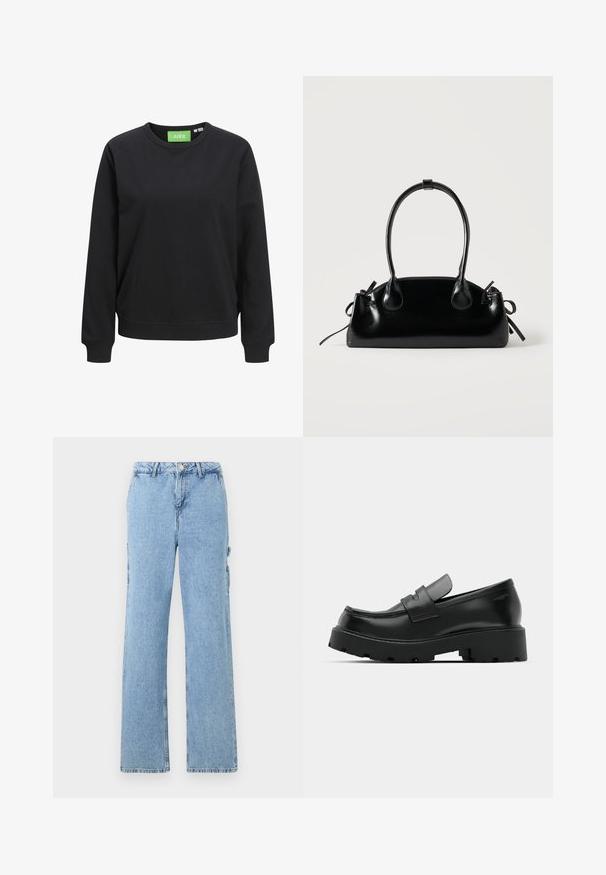 Mustast puuvillast crewneck-sviitrist. Omad ribakäised ja alumine äär, kaeluses on roheline sildike "JJXX".; Heled sinise denimi cargo püksid sirge sääre disainiga, millel on küljetaskud ja kontrastne tikand. Klassikaline viie tasku stiil.; Mustad nahast loafers, millel on tükiline tekstureeritud tald, vampi kohal rihm ja sile, läikiv viimistlus.; Väike must läikiv käekott kahe pika sangaga ja külgedel paelakinnitustega, ühel lihtsal helel taustal.