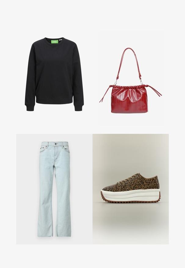 Zwarte crewneck sweatshirt van katoen. Voorzien van ribgebreide manchetten en zoom, met een groen label met de tekst "JJXX" bij de hals.; Lichtblauwe denim jeans met een flared cut, knoopsluiting, vijfzakkenontwerp en subtiele vervaging op de stof. Schone, minimalistische stikselaccenten.; Bruine sneaker met luipaardprint, dikke witte platforms zool en bruine geribbelde buitenzool, gezien vanaf de rechterkant op een effen achtergrond.; Rode handtas van lakleer met een geplooide bovenkant, verstelbare schouderband en zijdelinten. Gladde textuur met subtiele verticale lijnen.