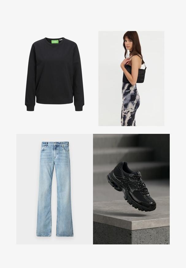 Schwarzer Rundhalsausschnitt-Sweatshirt aus Baumwolle. Mit gerippten Bündchen und Saum, versehen mit einem grünen Etikett mit der Aufschrift "JJXX" am Kragen.; Hellblaue, ausgestellte Jeans aus Denim mit einem Fünf-Taschen-Design, Knopfverschluss und sanften Ausbleichungen für einen getragenen Effekt.; Schwarzer Nike Laufschuh mit Mesh- und Synthetik-Obermaterial, der über einer Betonfläche und Treppen im Hintergrund schwebt.; Schwarze gesteppte Schultertasche mit einem einzelnen Riemen und silberner Hardware, kombiniert mit einem figurbetonten Kleid im Batikmuster in Schwarz- und Cremetönen.