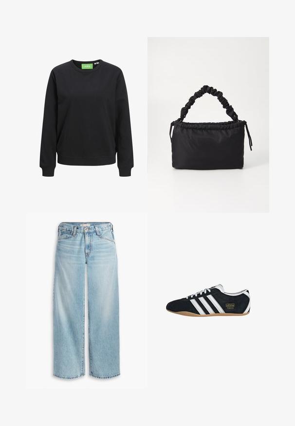 Sort crewneck sweatshirt lavet af bomuld. Har ribbestrikkede mansjetter og søm, med et grønt mærke der viser "JJXX" ved halsen.; Lys blå brede jeans lavet af denim, med høj talje, knaplukning og frynsede kanter. Synlig syning og lommer.; Sort ruskinds sneaker med hvide tre striber, guldlogo og en brun gummisål. Har et lavprofil snørebåndsdesign.; Sort taske lavet af blødt, glat stof. Har et sammensnoet håndtag og en snørrelukning, med en rektangulær form og ingen synlig hardware.