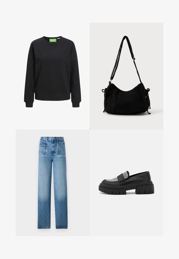 Musta crewneck huppari, valmistettu puuvillasta. Siinä on ribbireunat hihansuissa ja helmassa, ja kauluksessa on vihreä tag-lappu, jossa lukee "JJXX".; Vaaleansiniset denim-farkut, joissa on korkea vyötärö, suora lahje, etutaskut ja haalistunut viimeistely alahelmassa.; Mustat loafers, joissa on niittinäyttö, ja paksu pohja, jossa on uritettu pinta. Pehmeä nahkamateriaali ja liukujalkainen malli.; Mustikka värinen korduroy olkalaukku, jossa on kaareva muoto, säädettävä hihna ja narusuljin kummallakin puolella koon säätämiseksi.