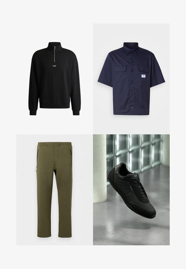 Schwarzer Pullover mit hohem Kragen, Frontreißverschluss und dezentem Logo. Aus weichem Stoff gefertigt, mit gerippten Bündchen und Saum.; Kurzarm-Hemd in dunklem Marineblau aus strapazierfähigem Stoff, mit zwei vorderen Taschen, Knopfverschluss und einem kleinen Markenpatch auf der linken Seite.; Olivgrüne gerade geschnittene Hose mit elastischem Bund und zwei seitlichen Reißverschlusstaschen, schlichtes Design, Vorderansicht vor weißem Hintergrund.; Schwarzer BOSS Ledersneaker mit Schnürsenkeln, der über einem reflektierenden Betonboden und einer Wand aus Glasbausteinen schwebt.