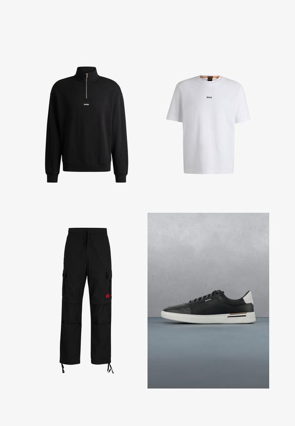 Schwarzer Pullover mit hohem Kragen, Frontreißverschluss und dezentem Logo. Aus weichem Stoff gefertigt, mit gerippten Bündchen und Saum.; Weißes Baumwoll-T-Shirt mit kurzen Ärmeln, ausgestattet mit einem schwarzen "BOSS"-Logo, das mittig auf der Brust platziert ist, und einem runden Halsausschnitt.; Schwarze Cargo-Hosen mit verstellbarem Zugband in der Taille, Seitentaschen und einem roten Logopatch. Das Material scheint strapazierfähig und hat eine glatte Textur.; Schwarze Ledersneaker mit weißer Sohle, ausgestattet mit Perforationen, Schnürdesign, Logo an der Seite und kontrastierenden Fersendetails in Weiß und Braun.