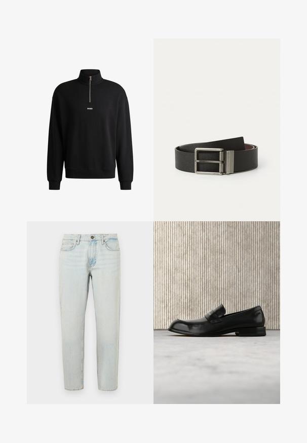 Zwarte sweatshirt met een hoge kraag, voorkant met rits en subtiele logo. Gemaakt van zacht materiaal, met ribgebreide manchetten en onderrand.; Lichtblauwe denim jeans met een rechte pijp, vijf zakken en knoopsluiting. De stof heeft een vervaagde, licht versleten textuur.; Zwarte leren loafer met metalen accent, zwevend weergegeven boven een beige tapijt, met een ronde, amberkleurige tafel op de achtergrond.; Zwarte leren riem met een gestructureerde afwerking, voorzien van een zilveren rechthoekige gesp. De binnenkant is bruin, wat een dubbel kleurcontrast laat zien.