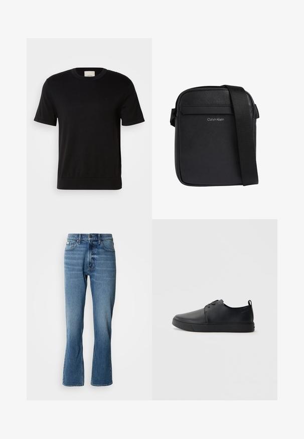 Schwarzes T-Shirt mit kurzen Ärmeln aus weicher Baumwolle. Es hat einen runden Ausschnitt, eine gerippte Textur und ein dezentes Logo-Detail auf der Brust.; Hellblaue Denim-Jeans mit geradem Schnitt und leicht ausgestelltem Bein. Verfügt über fünf Taschen, einen Knopfverschluss und dezente Waschungseffekte.; Schwarze Leder-Sneaker mit glatter Oberfläche, abgerundeter Zehenpartie, gleichfarbiger Nähte, schnürbarem Vorderteil und flacher Gummisohle. Schlaufe an der Ferse.; Schwarze Calvin Klein Crossbody-Tasche mit strukturierter Oberfläche und verstellbarem Schulterriemen.