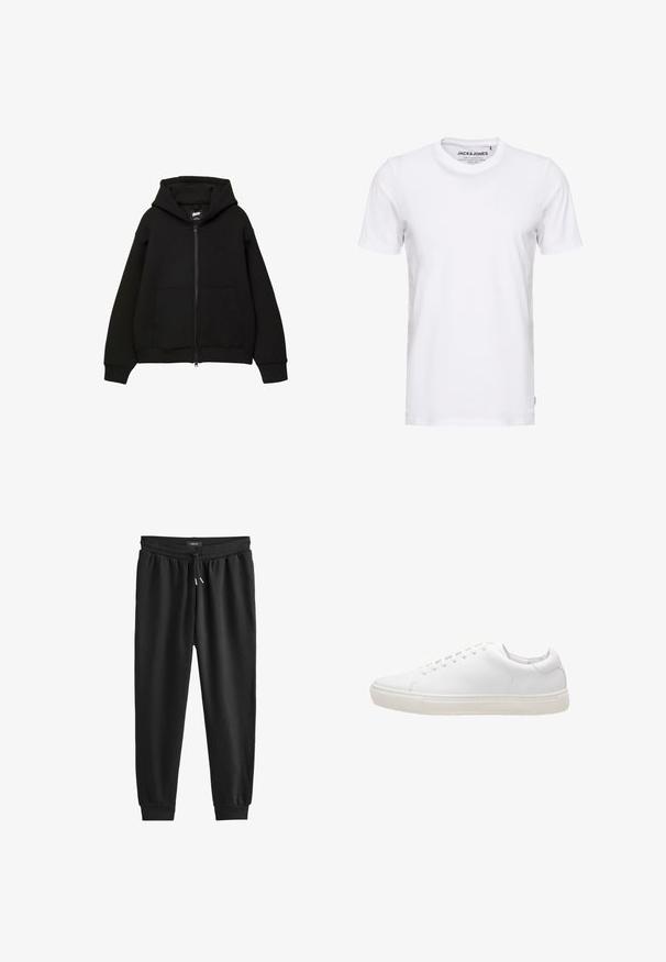 Sort zip-up hættetrøje med hætte, to frontlommer, ribstrikkede manchetter og kant. Fremstillet af blødt stof med et minimalistisk design og diskret logo-detalje.; Hvid t-shirt med korte ærmer lavet af bomuld, med en rund hals og et enkelt design. Brandtag synlig på halsområdet. Ingen mønstre eller accenter.; Sorte sweatpants lavet af blødt stof, med en elastisk talje med snøre, tætsiddende ben og ribbede manchetter ved anklerne.; Hvide lædersneakers med en glat overflade, rund tå, snørebåndslukning og flad gummisål. Minimalistisk design uden synlige mønstre.