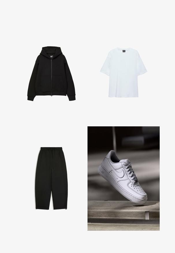 Sweat à capuche noir zippé avec capuche, deux poches avant, manches et ourlet côtelés. Fabriqué en tissu doux avec un design minimaliste et un détail de logo subtil.; T-shirt blanc uni oversize à manches courtes avec col rond et étiquette noire à l'intérieur du col sur fond blanc.; Pantalon noir à jambes larges avec taille élastique et cordon, doté de poches sur les côtés et de fermetures éclair aux ourlets.; La basket Nike Air Force 1 en cuir blanc présente un embout perforé, des lacets plats et une semelle en caoutchouc texturée avec le logo « AIR » sur le côté.
