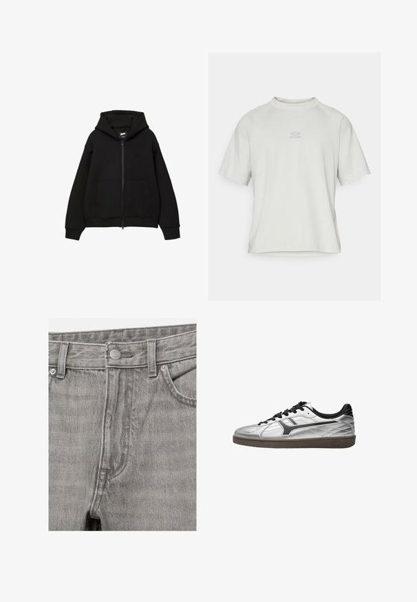 Sort zip-up hættetrøje med hætte, to frontlommer, ribstrikkede manchetter og kant. Fremstillet af blødt stof med et minimalistisk design og diskret logo-detalje.; Umbro WASHED HIGH NECK BOXY TEE - T-shirts basic - harbor mist; Grå denimjeans foran med knaplukning, bæltestropper og synlige forlommer.; Hvid og sort lavtop-sneaker med sorte snørebånd, sort indre foring og brun sål, set fra skoens yderside på en hvid baggrund.