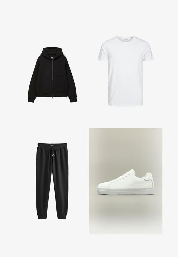 Sort zip-up hættetrøje med hætte, to frontlommer, ribstrikkede manchetter og kant. Fremstillet af blødt stof med et minimalistisk design og diskret logo-detalje.; Rundhals kortærmet t-shirt i ensfarvet hvid, lavet af blød bomuld, har et simpelt design uden synlige mønstre eller detaljer.; Sorte sweatpants lavet af blødt stof, med en elastisk talje med snøre, tætsiddende ben og ribbede manchetter ved anklerne.; Hvid lavtop sneaker med snørelukning foran, polstret krave og tekstureret gummisål, vist i sidelayout på neutral baggrund.