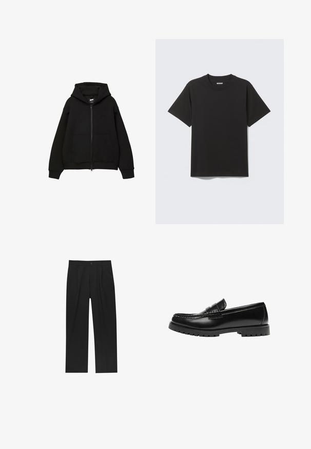 Sort zip-up hættetrøje med hætte, to frontlommer, ribstrikkede manchetter og kant. Fremstillet af blødt stof med et minimalistisk design og diskret logo-detalje.; Simpel sort kortærmet bomulds T-shirt med rund halsudskæring og mærket "WEEKDAY" indeni kraven på en lys grå baggrund.; Sorte bukser med lige ben, lavet af et glat stof. Har frontfolder og en enkelt knaplukning i taljen.; Sort læderloafer med en kraftig gummisål og klassiske penny-strap detaljer, vist fra ydersiden.