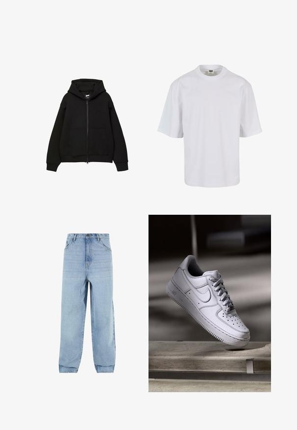 Sweat à capuche noir zippé avec capuche, deux poches avant, manches et ourlet côtelés. Fabriqué en tissu doux avec un design minimaliste et un détail de logo subtil.; T-shirt blanc à manches courtes en coton. Il présente un col rond et une coupe ample, avec une texture lisse et sans motifs ni graphiques visibles.; Jeans en denim bleu clair avec une coupe ample, taille haute et cinq poches. Dotés de passants de ceinture et d'une fermeture à bouton. Texture douce.; La basket Nike Air Force 1 en cuir blanc présente un embout perforé, des lacets plats et une semelle en caoutchouc texturée avec le logo « AIR » sur le côté.