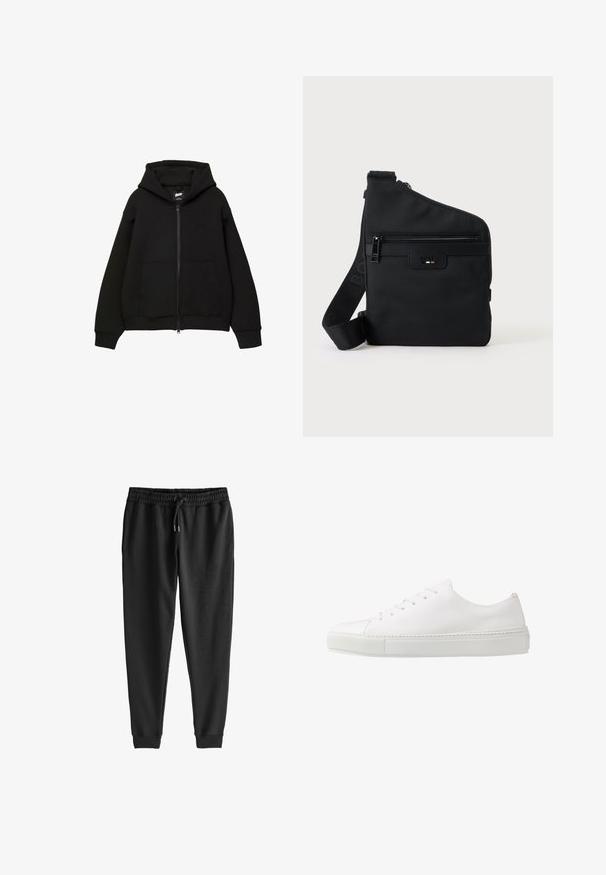 Sort zip-up hættetrøje med hætte, to frontlommer, ribstrikkede manchetter og kant. Fremstillet af blødt stof med et minimalistisk design og diskret logo-detalje.; Sorte sweatpants lavet af blødt stof, med en elastisk talje og snøre, indsnørede ben og ribbede manchetter ved anklerne.; Hvide lædersneakers med en glat finish, rund tå og seks øjer til snørebånd. Har en tekstureret gummisål og et minimalisk design.; Kompakt sort skuldertaske med struktureret stof, frontlynlåslomme, og mærket strop og logo på frontpanelet.