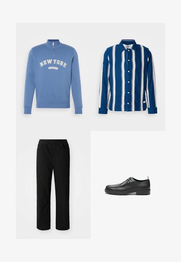 Sudadera azul con alto cuello y cierre de cremallera, que presenta texto en blanco curvado "NEW YORK" y etiqueta "SCHOTT" en la parte frontal. Textura suave.; Camisa de botones de algodón con rayas verticales azules y blancas, que cuenta con cuello, mangas largas y una etiqueta en el dobladillo.; Pantalones de algodón negros con un ajuste relajado, cinturilla elástica, dos bolsillos delanteros y piernas rectas. Textura suave sin patrones visibles.; Zapatos de cuero negro con un acabado suave, punta redondeada y costuras decorativas. Cuenta con una suela de goma con surcos para tracción y un diseño de cordones.