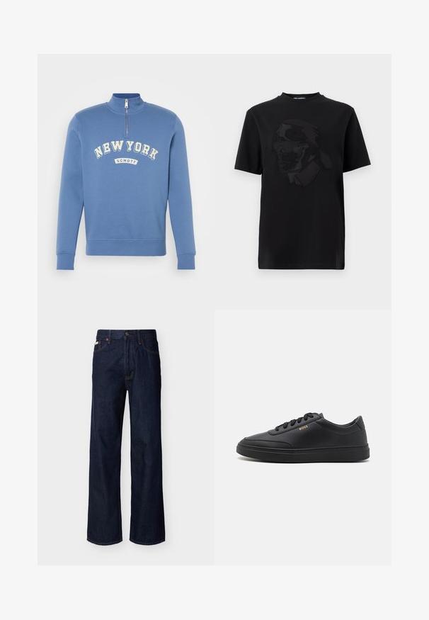 Sudadera azul con alto cuello y cierre de cremallera, que presenta texto en blanco curvado "NEW YORK" y etiqueta "SCHOTT" en la parte frontal. Textura suave.; Camiseta negra de manga corta con gráfico en relieve de un hombre con gafas de sol y cuello alto, centrado en la parte delantera.; Vaqueros de mezclilla azul oscuro de pierna recta con diseño de cinco bolsillos y cierre de botones, exhibidos sobre un fondo claro y liso.; Zapatillas de cuero negro con una textura suave, punta redondeada, suela plana de goma y cordones a tono. Presentan el logotipo dorado "BOSS" en el lateral.