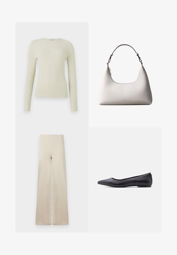 Top de manga larga ajustado en tejido texturizado verde claro con cuello redondo. Superficie lisa con un sutil acanalado, sin hardware visible ni acentos.; Pantalones anchos beige fabricados con una tela suave y de textura lisa. Cuentan con una cintura elástica alta para mayor comodidad y un diseño limpio y minimalista.; Zapato plano de cuero negro con punta puntiaguda y tacón bajo, mostrado de perfil contra un fondo blanco.; Bolso de hombro de cuero color crema de Calvin Klein con borde superior curvado, cremallera plateada y correa ajustable marrón oscuro.