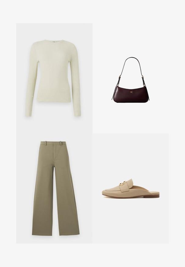 Top de manga larga ajustado en tejido texturizado verde claro con cuello redondo. Superficie lisa con un sutil acanalado, sin hardware visible ni acentos.; Pantalones de pierna ancha en oliva claro con una textura suave, con cremallera frontal, cinturilla con trabillas y dos bolsillos laterales.; Mocasín plano beige sin cordones con punta redondeada, acabado texturizado, correa ancha y detalle de hebilla circular dorada sobre fondo blanco.; Bolso de mano de cuero burdeos oscuro con una delgada correa negra para el hombro y pequeño logo dorado "cK" en el centro delantero.