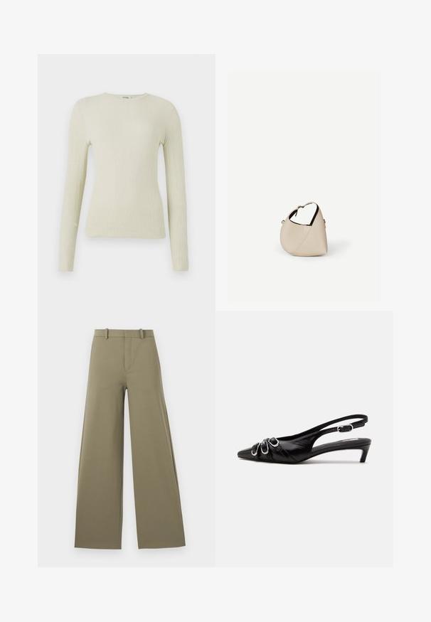 Top de manga larga ajustado en tejido texturizado verde claro con cuello redondo. Superficie lisa con un sutil acanalado, sin hardware visible ni acentos.; Pantalones de pierna ancha en oliva claro con una textura suave, con cremallera frontal, cinturilla con trabillas y dos bolsillos laterales.; Zapato slingback de cuero negro con punta puntiaguda, tres hebillas plateadas en la parte delantera y tacón bajo tipo «kitten» sobre fondo blanco.; Bolso de cuero beige en forma de media luna con una sola correa para el hombro y costuras mínimas, colocado sobre un fondo blanco liso.