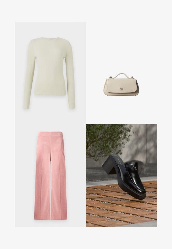 Haut ajusté à manches longues en tissu texturé vert clair avec un col rond. Surface lisse avec un léger relief, sans quincaillerie ni accents visibles.; Pantalons en velours côtelé rose pâle à jambe large, avec des côtes verticales et une taille ajustée. Texture lisse avec une silhouette décontractée.; Mule slip-on en cuir noir Calvin Klein avec talon bloc reposant sur des carreaux en bois à l'extérieur près d'une plante verte et d'un mur gris.; Petit sac à main en cuir beige avec poignée supérieure et logo CK argenté sur le rabat avant, présenté sur fond blanc.