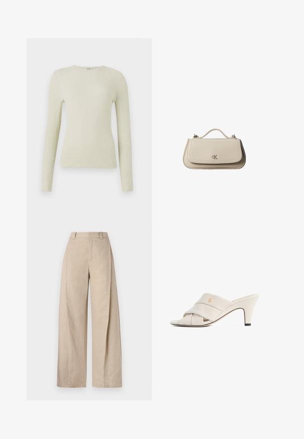 Top de manga larga ajustado en tejido texturizado verde claro con cuello redondo. Superficie lisa con un sutil acanalado, sin hardware visible ni acentos.; Pantalones de lino beige de pierna ancha con cintura alta, que presentan una textura suave y líneas limpias, diseñados para un ajuste relajado.; Mules de tacón alto beige con diseño de tira de cuero torcida, punta abierta y detalle de logotipo en relieve. El tacón tiene un detalle en punta negra.; Pequeño bolso de mano de cuero beige con asa superior y logo plateado de CK en la solapa frontal, mostrado sobre un fondo blanco.