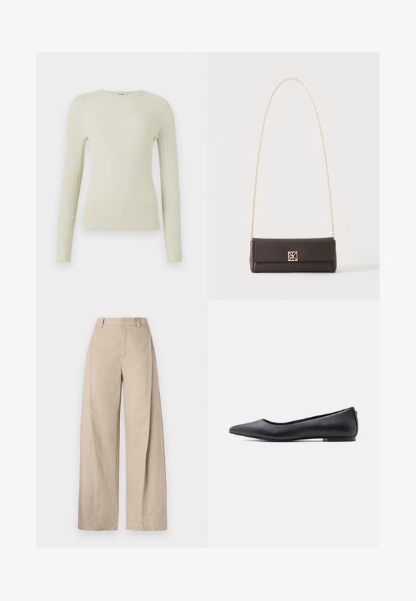 Top de manga larga ajustado en tejido texturizado verde claro con cuello redondo. Superficie lisa con un sutil acanalado, sin hardware visible ni acentos.; Pantalones de lino beige de pierna ancha con cintura alta, que presentan una textura suave y líneas limpias, diseñados para un ajuste relajado.; Zapato plano de cuero negro con punta puntiaguda y tacón bajo, mostrado de perfil contra un fondo blanco.; Bolso rectangular de cuero marrón oscuro con asa de cadena dorada y un pequeño broche dorado cuadrado en el centro delantero.