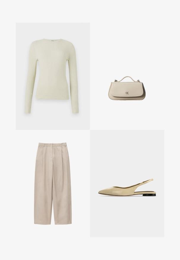 Top de manga larga ajustado en tejido texturizado verde claro con cuello redondo. Superficie lisa con un sutil acanalado, sin hardware visible ni acentos.; Pantalones beige de pierna ancha con pliegues frontales, bolsillos laterales, trabillas para cinturón y cierre frontal oculto.; Zapato plano beige con puntera puntiaguda, diseño slingback, tacón bajo negro y acabado en cuero liso, mostrado de perfil sobre un fondo liso.; Pequeño bolso de mano de cuero beige con asa superior y logo plateado de CK en la solapa frontal, mostrado sobre un fondo blanco.