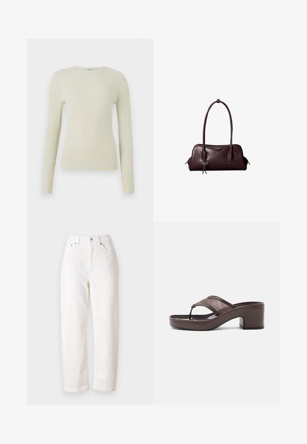 Haut ajusté à manches longues en tissu texturé vert clair avec un col rond. Surface lisse avec un léger relief, sans quincaillerie ni accents visibles.; Jean en denim blanc avec une coupe droite, taille haute, fermeture éclair et bouton métallique. Comprend cinq poches et une couture discrète.; Sandale marron à talon avec lanière en mesh et design en tige, dotée d'un talon bloc et d'une semelle cousue, présentée de profil sur fond blanc.; Sac à main en cuir brun foncé Calvin Klein avec de longues poignées doubles et un petit porte-clé logo suspendu à une poignée.