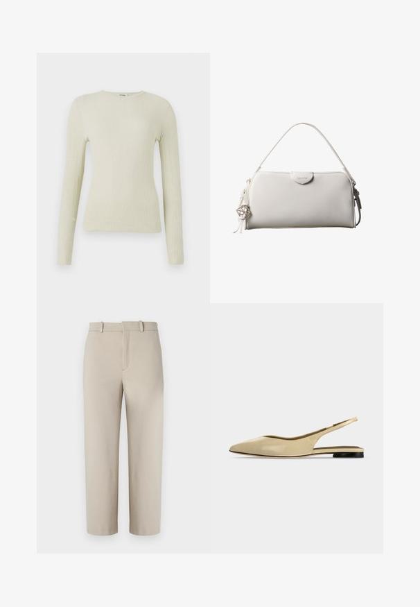 Top de manga larga ajustado en tejido texturizado verde claro con cuello redondo. Superficie lisa con un sutil acanalado, sin hardware visible ni acentos.; Pantalones cortos beige, diseño entallado, con frente plano y cremallera oculta, dos bolsillos laterales, hechos de una suave tela de mezcla de algodón.; Zapato plano beige con puntera puntiaguda, diseño slingback, tacón bajo negro y acabado en cuero liso, mostrado de perfil sobre un fondo liso.; Bolso rectangular blanco de Calvin Klein con un solo asa, diseño minimalista y borlas decorativas con un charm metálico geométrico en el lateral.