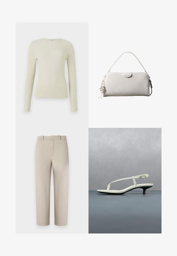 Top de manga larga ajustado en tejido texturizado verde claro con cuello redondo. Superficie lisa con un sutil acanalado, sin hardware visible ni acentos.; Pantalones cortos beige, diseño entallado, con frente plano y cremallera oculta, dos bolsillos laterales, hechos de una suave tela de mezcla de algodón.; Sandalia blanca de tacón kitten con tiras y punta afilada, flotando sobre un suelo de baldosas de madera al aire libre, con un fondo desenfocado de plantas y pared.; Bolso rectangular blanco de Calvin Klein con un solo asa, diseño minimalista y borlas decorativas con un charm metálico geométrico en el lateral.
