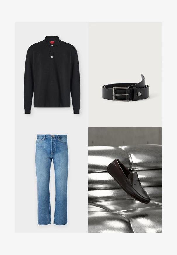 Polo noir à manches longues avec col, un seul bouton et petit patch logo Hugo sur la poitrine sous l'encolure.; Jeans en denim bleu clair avec une coupe droite, présentant un design classique à cinq poches, une fermeture à bouton et des coutures contrastantes.; Mocassin en cuir marron foncé flottant au-dessus d'un canapé en cuir argenté brillant capitonné, mettant en valeur un design élégant et des détails de couture.; Ceinture en cuir noir avec une boucle rectangulaire en argent et un détail de logo en relief. Design plat avec une texture lisse et une finition classique.
