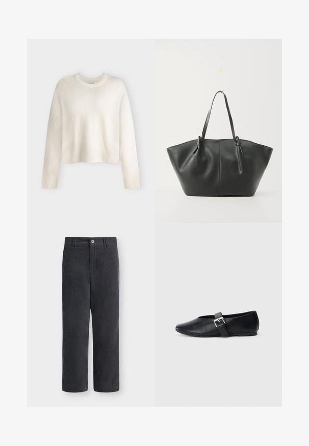 Pull col rond à manches longues couleur blanc cassé, coupe légèrement raccourcie et poignets côtelés, présenté sur un fond clair uni.; Pantalon en velours côtelé noir à jambes droites, fermeture par bouton et zip, passants pour ceinture, sans poches visibles sur un fond uni.; Chaussures plates en cuir noir avec un design à bout rond, dotées d'une sangle à boucle sur le côté et d'une texture lisse. Semelle basse pour un confort optimal.; Vero Moda VMDITTA - Cabas - black