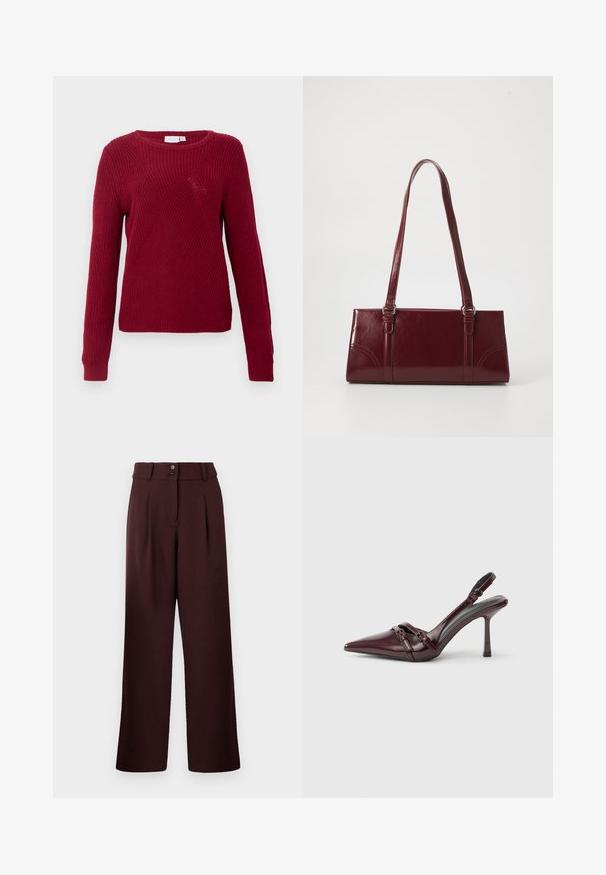 Pull en laine rouge tricoté, à manches longues, col rond et motifs diagonaux texturés. Détails avec des poignets et un ourlet côtelés.; Pantalons évasés en bordeaux foncé, avec une taille haute, deux plis à l'avant et une fermeture à deux boutons. Fabriqués en tissu texturé.; Escarpin slingback en cuir verni bordeaux avec bout pointu, fine bride à la cheville et petit détail décoratif de boucle. Texture lisse et talon haut.; Sac à main bordeaux en matériau brillant, de forme rectangulaire, avec deux anses et des accents légèrement courbés à l'avant.