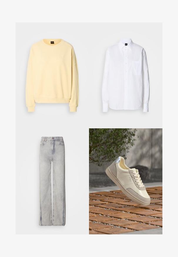 Gul sweatshirt med rund hals og lange ærmer. Har en blød tekstur og et lille logo på brystet. Ribbet manchetter og kant.; Hvid skjorte med knapper lavet af bomuld, med klassisk krave, lange ærmer, en brystlomme og en glat, sprød tekstur.; Lyseblå vid-leg jeans lavet af denim med en falmet vask, der har lynlås, fem lommer og kontraststikning.; Beige og cremefarvet sneaker med sølv hældetalje, snørebånd bundet, placeret over en flisebelagt træs overflade med sløret grønt område og væg i baggrunden.
