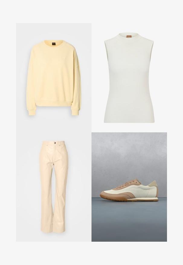 Geel sweatshirt met een ronde hals en lange mouwen. Heeft een zachte textuur en een klein logo op de borst. Ribbelmanchetten en -zoom.; Witte, mouwloze top met een hoge halslijn, met een geribbeld textuur en een getailleerd ontwerp. Merkenlabel "BOSS" zichtbaar op de kraag.; Beige faux leren flarebroeken met een soepele textuur, voorzien van voorzakken, een knoopsluiting en een subtiele glansafwerking.; Crème- en beige sneaker met een textuur bovenwerk, veters en een rubberen zool, gepresenteerd boven een houten oppervlak met kiezelstenen.