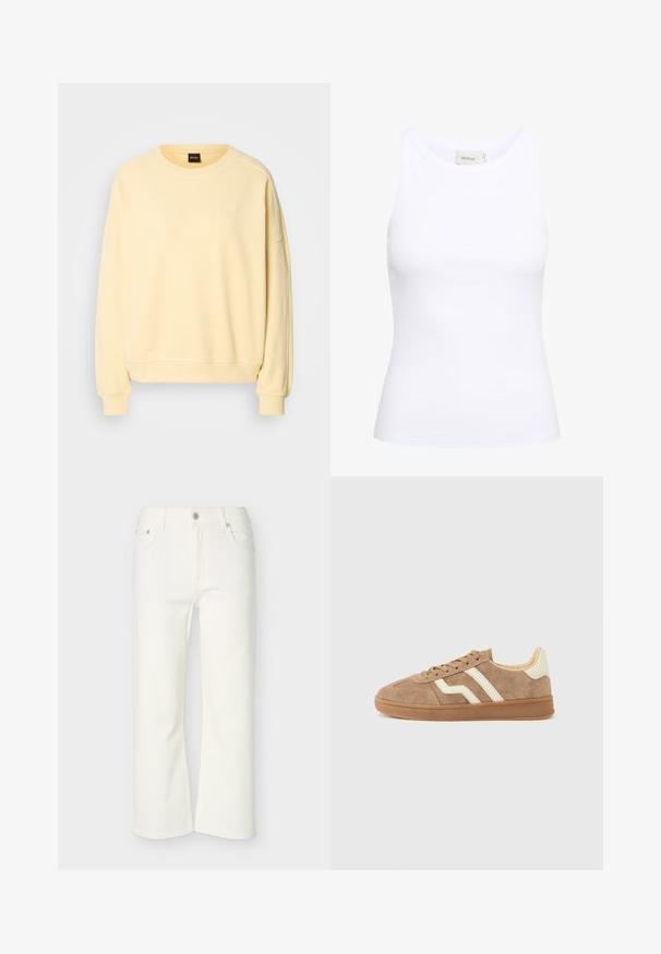 Gelbes Sweatshirt mit Rundhalsausschnitt und langen Ärmeln. Besitzt eine weiche Textur und ein kleines Logo auf der Brust. Rippbündchen und Saum.; Weißes, geripptes Tanktop mit Rundhalsausschnitt und ohne Ärmel. Elastisches Material und figurbetontes Design. Das Etikett auf der Rückseite trägt die Aufschrift "GESTUZ."; Weiße, kurze Schlagjeans mit vorderer Knopf- und Reißverschluss, Gürtelschlaufen sowie vorderen und hinteren Taschen, auf einem schlichten Hintergrund präsentiert.; Brauner Wildleder-Sneaker mit weißen Akzentstreifen, rundem Zehenbereich, beigem Innenfutter und Gummisohle. Schnürsenkel mit strukturierter Oberfläche.
