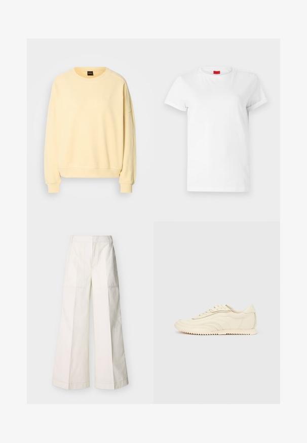 Gelbes Sweatshirt mit Rundhalsausschnitt und langen Ärmeln. Besitzt eine weiche Textur und ein kleines Logo auf der Brust. Rippbündchen und Saum.; Weißes Kurzarm-T-Shirt aus leichtem Baumwollstoff. Hat einen runden Halsausschnitt und umgeschlagene Ärmel. Rotes Logo-Tag am Kragen.; Weite Hosen aus weißer Baumwolle mit Vordertaschen und detaillierten Nähten. Glatte Textur mit einem klaren, minimalistischen Design.; Niedrig geschnittener, cremefarbener Sneaker mit wellenförmiger Naht, Schnürverschluss und einer profilierten Sohle, seitlich auf einem einfarbigen Hintergrund dargestellt.