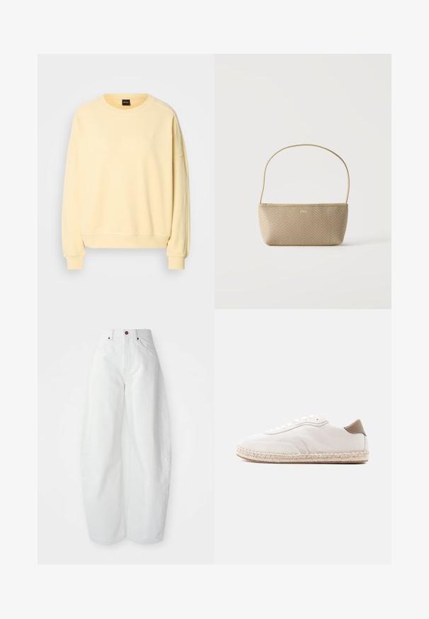 Gelbes Sweatshirt mit Rundhalsausschnitt und langen Ärmeln. Besitzt eine weiche Textur und ein kleines Logo auf der Brust. Rippbündchen und Saum.; Hochtaillierte weiße Denim-Hose mit lockerer Passform. Einfacher Knopfverschluss, seitliche Taschen und minimalistisches Design. Glatte Textur.; Weißer Sneaker mit Obermaterial aus Wildleder, beigen Akzenten und einer Sohlenpartie aus gewebtem Jute. Ausgestattet mit flachen Schnürsenkeln und einem seitlichen Logo mit Markenaufdruck.; Beige gewebte Handtasche mit dünnem Schulterriemen und kleinem goldenen "BOSS" Logo vorne, vor weißem Hintergrund präsentiert.