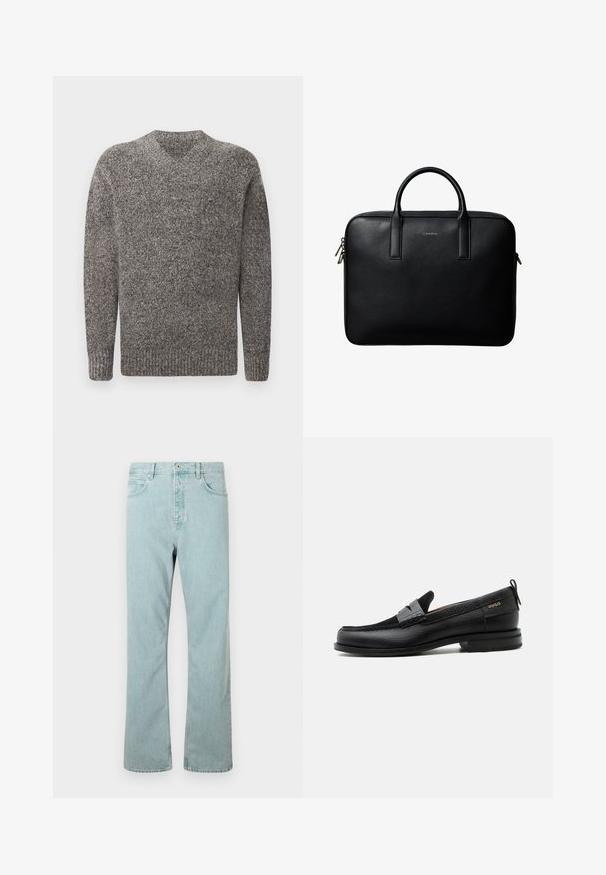 Pull gris en V, texture en tricot, manches longues, bords côtelés et ourlet, motif chiné, tissu de poids moyen.; Jeans en denim bleu clair avec une coupe droite, cinq poches et une fermeture à un bouton. Finition avec des détails de couture subtils.; Mocassin en cuir noir avec détail de bride grise, talon bas et semelle texturée, marqué "HUGO" en or sur le côté.; Mallette en cuir noir texturé avec double poignées et tirettes de fermeture éclair argentées, centrée sur fond blanc.