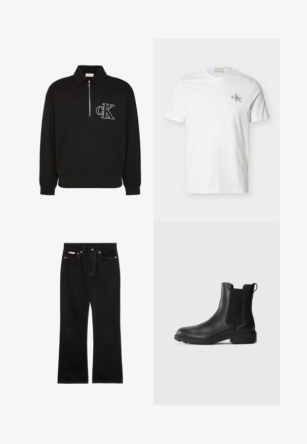Schwarzer Langarm-Pullover mit Kragen, halbem Frontreißverschluss und weiß besticktem "cK" Logo auf der linken Brust.; Weißes kurzärmeliges Baumwoll-T-Shirt mit kleinem grauem "Calvin Klein"-Logo auf der linken Brust, Rundhalsausschnitt und regulärer Passform.; Schwarze Jeans mit geradem Bein, oranger Naht, fünf Taschen, Knopfverschluss und kleinem Calvin Klein-Label auf der vorderen rechten Tasche.; Schwarze Leder-Stiefelette mit elastischen Seiteneinsätzen, Zugschlaufe an der Ferse und niedrigem Blockabsatz vor einem schlichten Hintergrund.