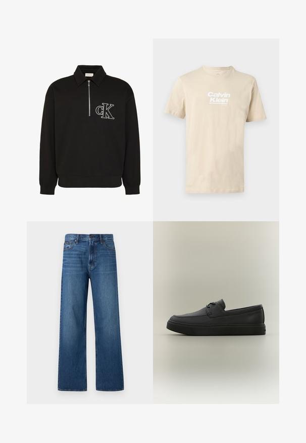 Sort langærmet pullover med krave, halvlukning foran med lynlås og hvidt broderet "cK" logo på venstre bryst.; Beige T-shirt med korte ærmer og rund hals med hvid "Calvin Klein est 1968"-logo trykt på brystet, vist på en flad, neutral baggrund.; Blå, højtaljede, straight-fit jeans med knapper og lynlås foran, fem lommer og en lille mærket patch på højre lomme.; Sort afslappet læderloafer med snøredetaljer og tyk gummisål, vist fra siden på en neutral baggrund.