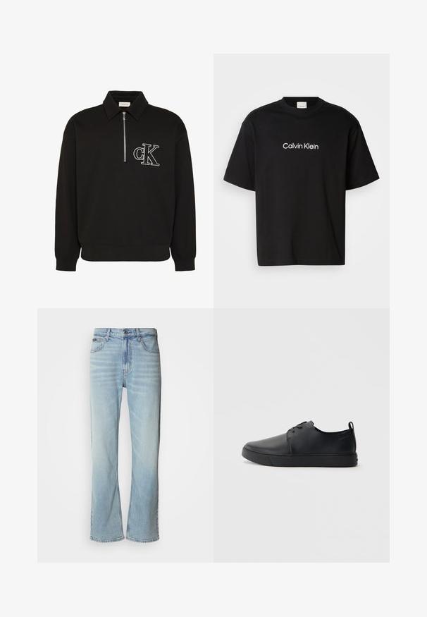Must pikkade varrukatega pullover kraega, ees poolik tõmblukk ja valge brodeeritud "cK" logo vasakul rinnal.; Must musta T-särk lühikeste varrukatega, mille ees on valge "Calvin Klein" logo ja klassikaline ümmargune kaelus.; Heledad sinised teksad sirge lõikega, mis sisaldavad viit taskut, nööbiga sulgemise ja kergelt kulunud ilmega kangast.; Mustaläik nahast spordijalatsid siledaga viimistlusega, ümarate varvastega, sama tooni õmblustega, nööbid ees, ja lamedate kummist tallaga. Kannas aas.