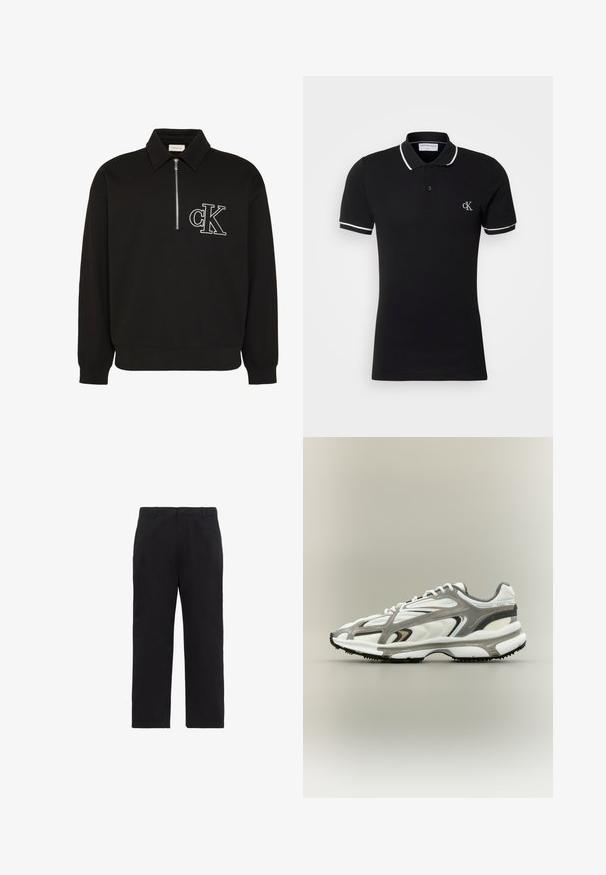 Sort langærmet pullover med krave, halvlukning foran med lynlås og hvidt broderet "cK" logo på venstre bryst.; Sort kortærmet polo med hvide kantdetaljer på krave og ærmer, to-knaps lukning og lille hvid "cK"-logo på venstre bryst.; Sorte bukser med lige ben, bæltestropper, lynlås foran og sidelommer, vist på hvid baggrund.; Sportssko med en hvid mesh-overdel, grå accenter, sort gummisål og et strømlinet design. Har snørebånd og strukturerede detaljer.