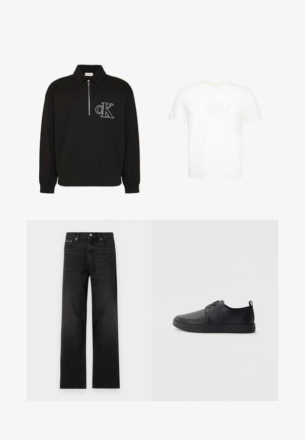 Schwarzer Langarm-Pullover mit Kragen, halbem Frontreißverschluss und weiß besticktem "cK" Logo auf der linken Brust.; Weißes T-Shirt mit kurzen Ärmeln und Rundhalsausschnitt mit kleinem gesticktem "ck" Logo auf der linken Brust.; Schwarze Jeans mit geraden Beinen, fünf Taschen, Gürtelschlaufen und Knopfverschluss, auf weißem Hintergrund dargestellt.; Schwarze Leder-Sneaker mit glatter Oberfläche, abgerundeter Zehenpartie, gleichfarbiger Nähte, schnürbarem Vorderteil und flacher Gummisohle. Schlaufe an der Ferse.