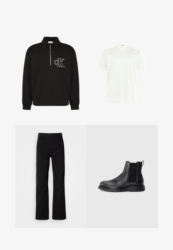 Schwarzer Langarm-Pullover mit Kragen, halbem Frontreißverschluss und weiß besticktem "cK" Logo auf der linken Brust.; Weißes T-Shirt mit Rundhalsausschnitt aus weichem Stoff. Kurze Ärmel, keine Muster. Schlichtes Design mit geradem Saum und minimalen Details.; Schwarze Baumwollhosen mit geradem Bein, ausgestattet mit einem Knopfverschluss und Gürtelschlaufen. Glatte Textur und minimalistischer Stil ohne sichtbare Muster.; Schwarze Leder-Chelsea-Boots mit strukturiertem Finish, elastischen seitlichen Einsätzen und einer robusten Gummisohle. Dezentes Branding an der Ferse.